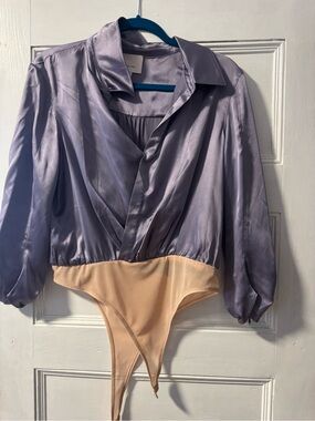 Cinq a sept Lilac Satin Wrap Bodysuit with Nude Bottom